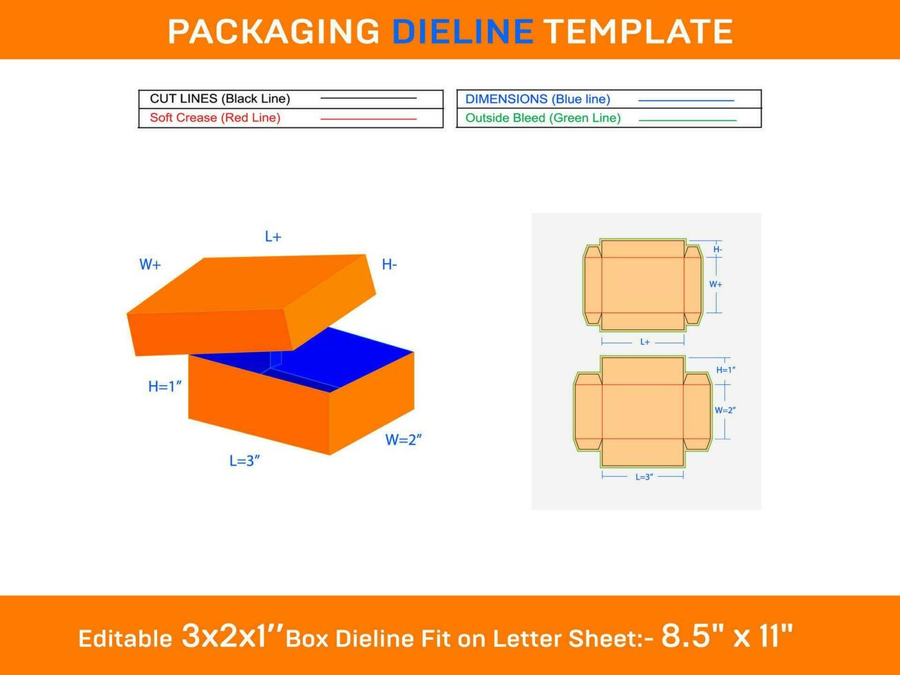 Ractangluar Craft Boxes With Lid 3x2x1 Inch Dieline Template vector