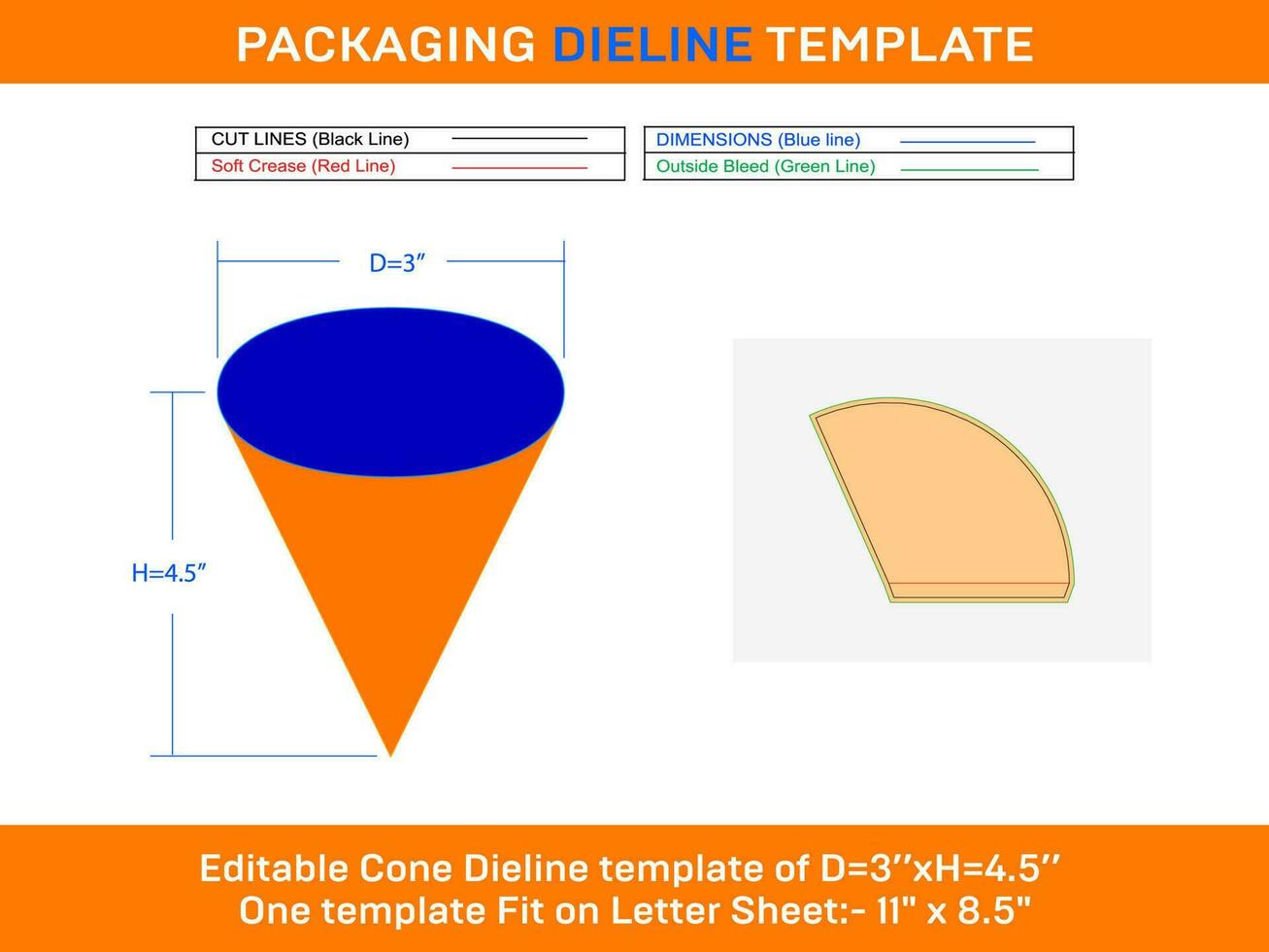 Medium paper cone ice cream Dieline Template D 3xH 4.5 inch vector
