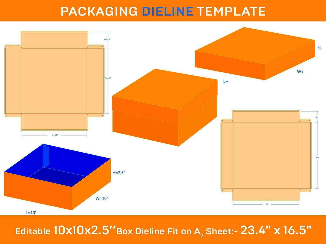 2 Piece Boxs With Lid 10x10x2.5 Inch Dieline Template vector