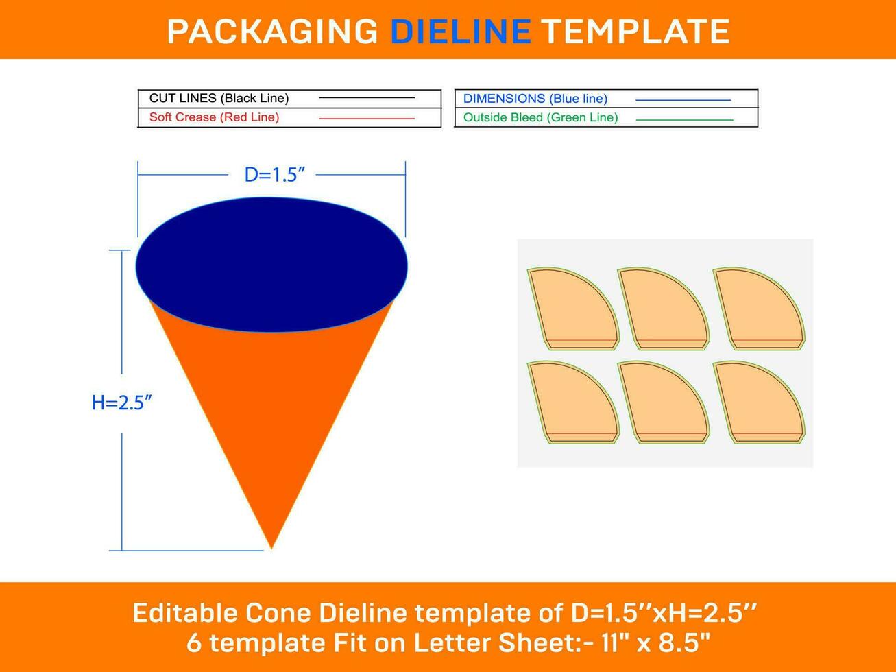 mini hielo crema cono d0xd 1.5xh 2.5 pulgada dieline modelo vector