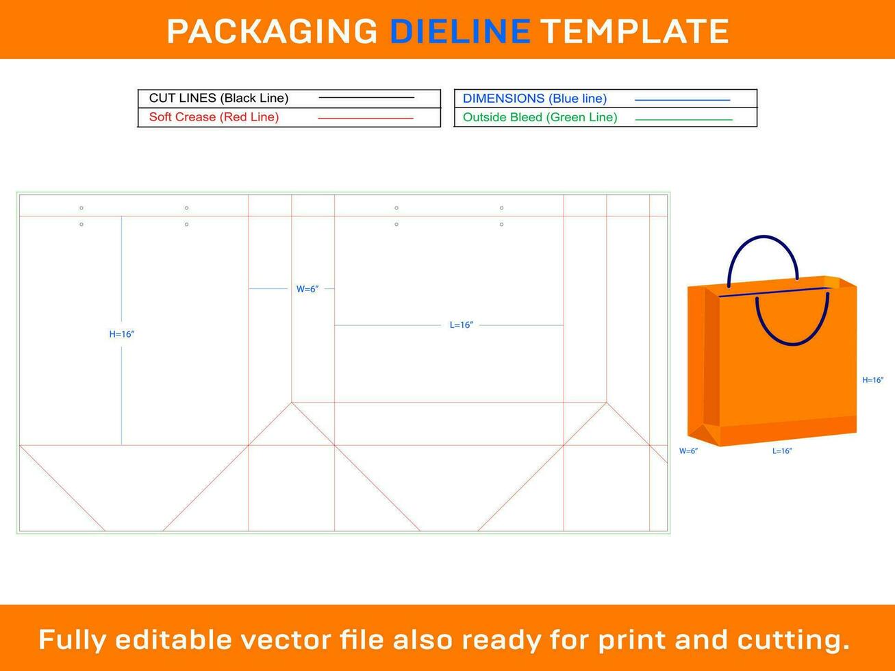 16x6x16 inch Shopping Bag Dieline Template vector