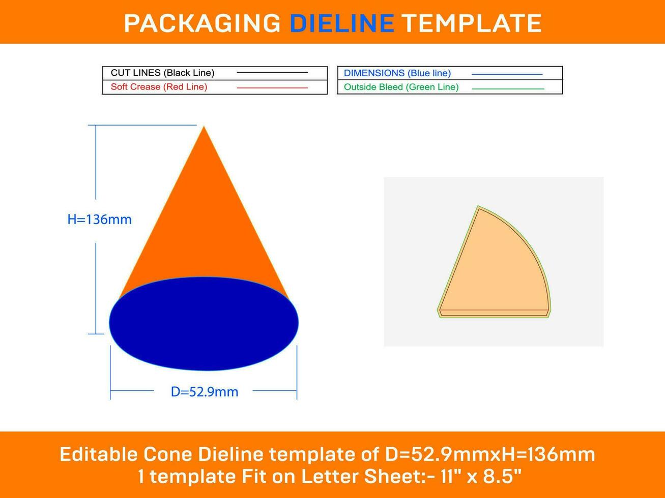 Waffle or sugar cone Ice cream cone dieline template D 52.9xH 136 mm vector
