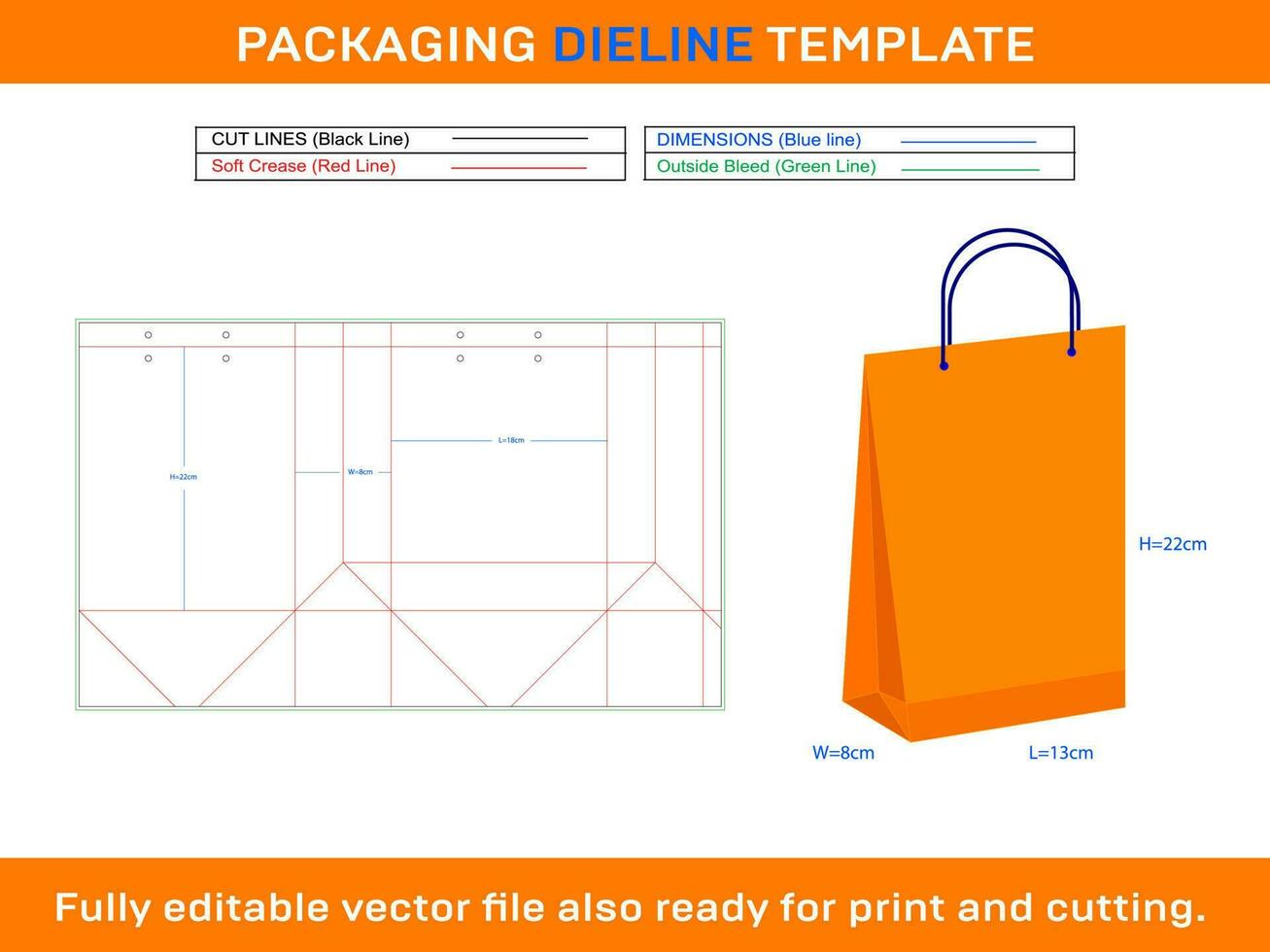 crear compras bolso 18x8x22 cm dieline plantilla vector