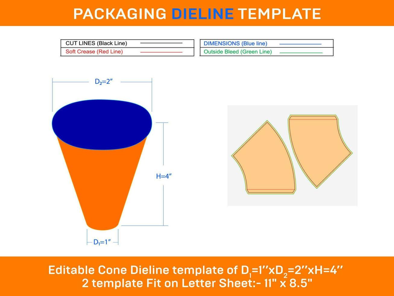 Regular cone Ice cream Dieline Template D1 1xD2 2xH 4 inch vector