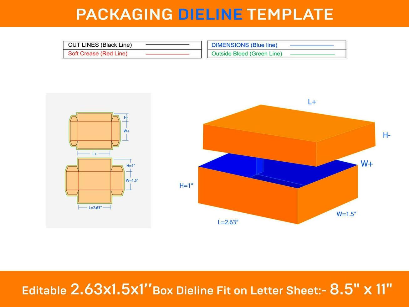 Two Piece Racktangle Gift Box 2.63x1.5x1 Inch Dieline Template vector