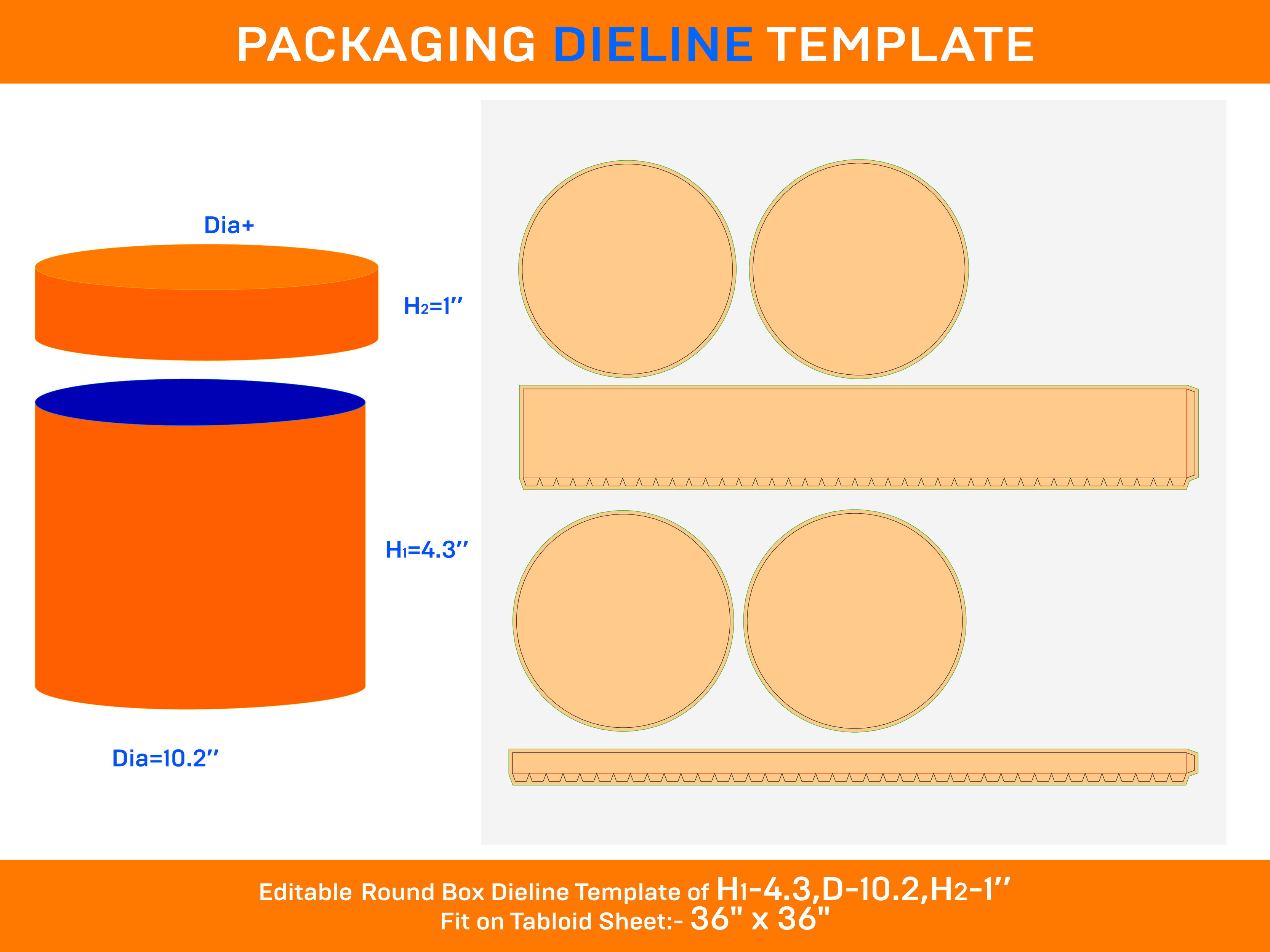 Circle Box, round lid gift box dieline template with the dimension H1 4.3, D 10.2, H2 1 Inch
