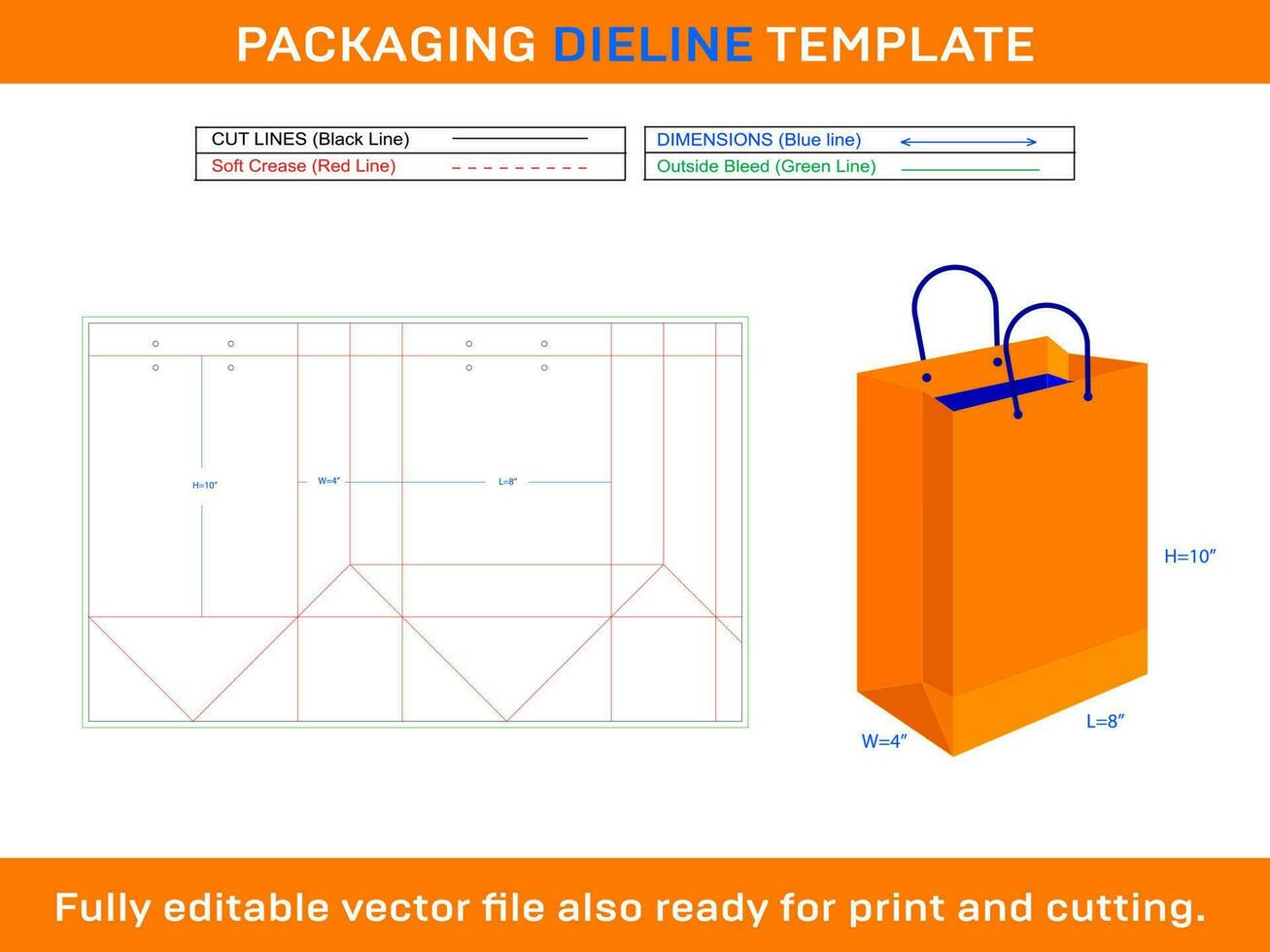 compras bolsa-8x4x10 pulgada dieline modelo vector