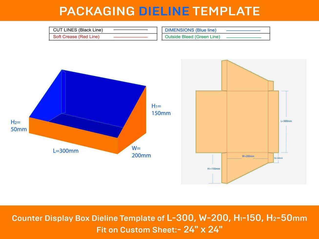 Cardboard counter display box dieline template for small books L 300xW 200xH1 150xH2 50mm vector