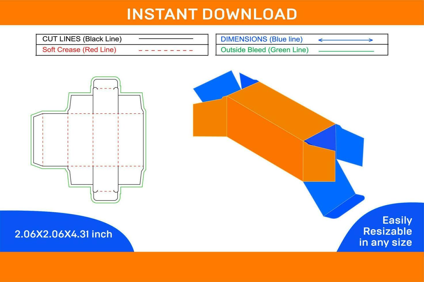 Straight tuck end folding box, Dieline template and 3D box editable easily resizeable Box dieline and 3D box vector