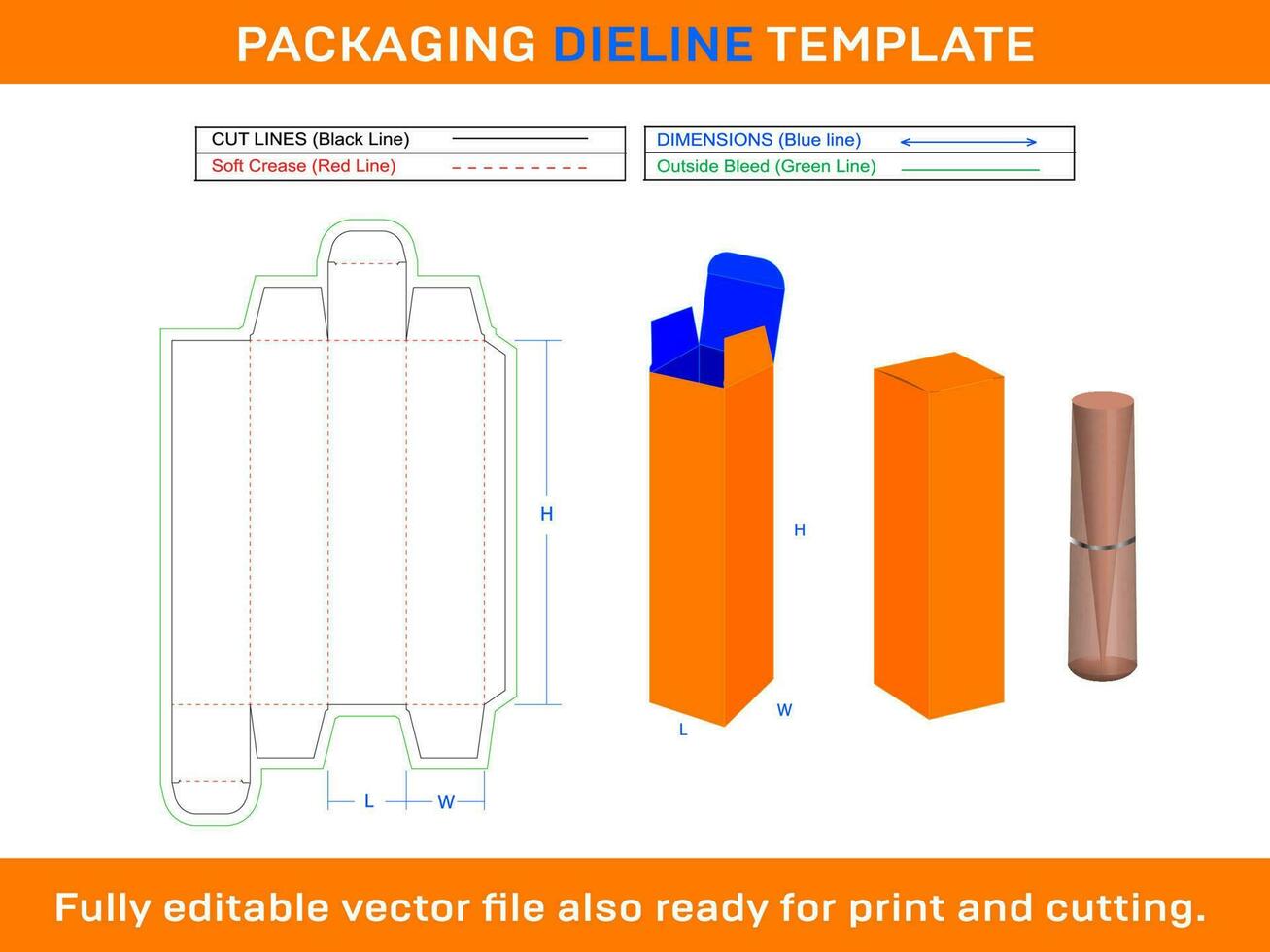 Lipstick Box, Cosmetic Box Dieline Template vector