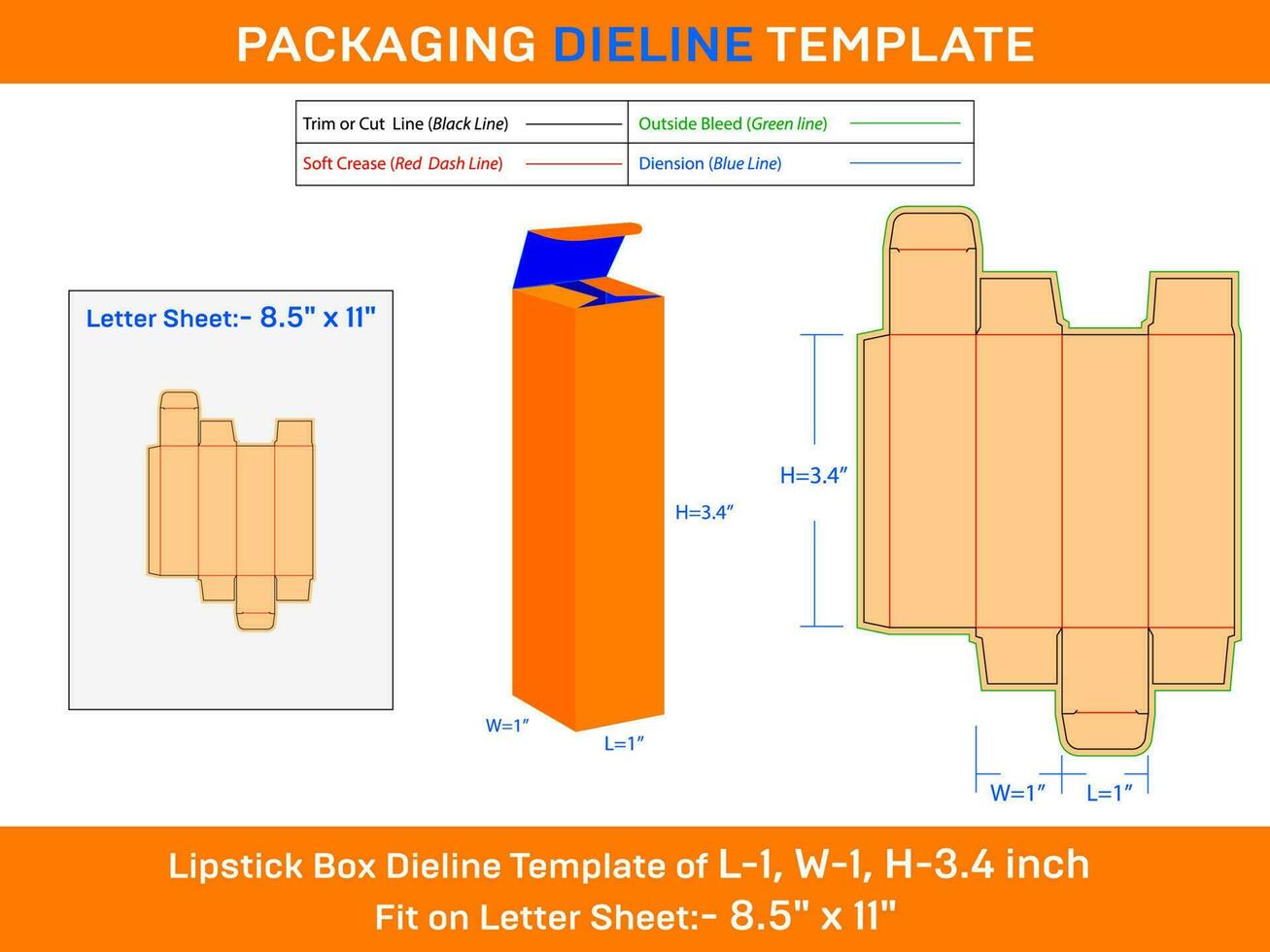 L 1xW 1xH 3.4 inch Custom Lipstick Box Dieline Template vector