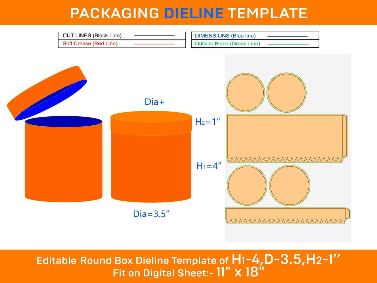 1 Templates of box for round hat, round lid box dielinewith the dimension H1 4, D3.5, H2 1 inch vector