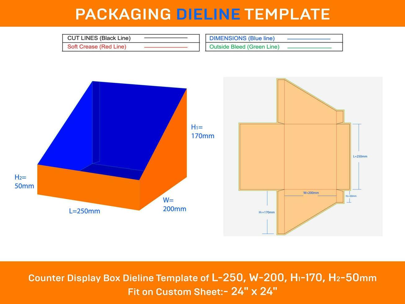 Cardboard counter top display box dieline template L 250xW 200xH1 170xH2 50mm vector