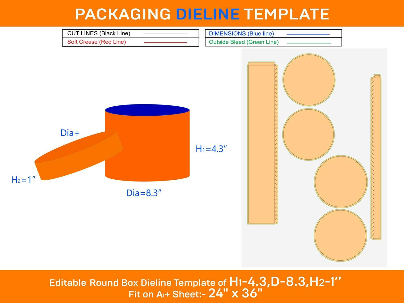 Event decor, round lid gift box dieline template with the dimension H1 4.3, D 8.3, H2 1 inch vector