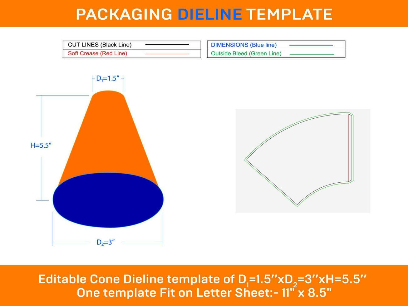 Cone Ice cream D1 1.5xD2 3xH 5.5 inch Dieline Template vector