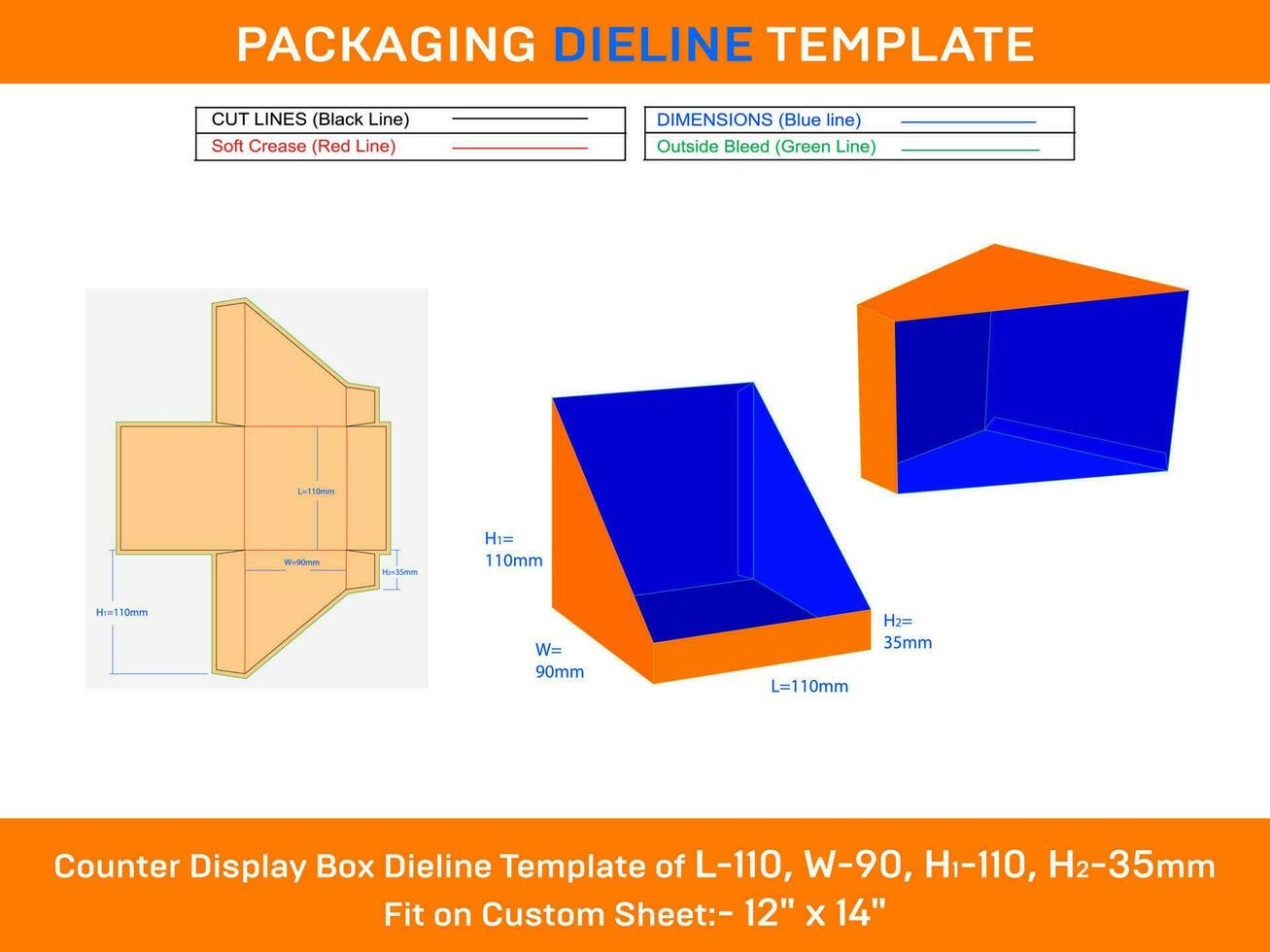 cartulina mostrador monitor caja dieline modelo para teléfono casos l 110xw 90xh1110xh2 35mm vector