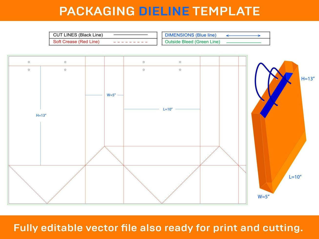 10x5x13 pulgada compras bolso dieline modelo vector