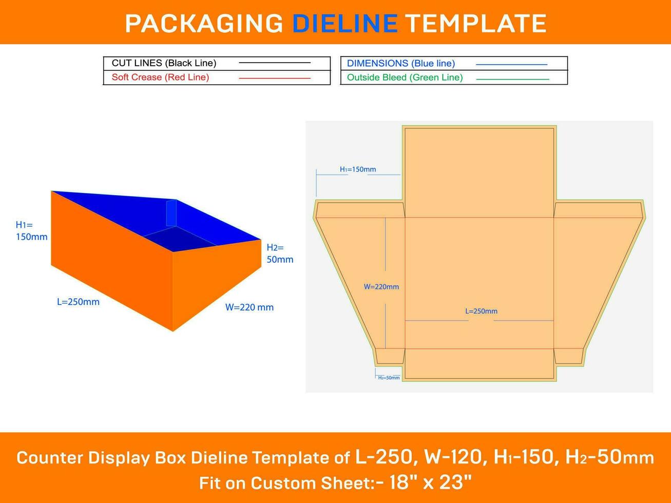 Cardboard Counter Display Box Delline Template for Corrugated L 250xW 220xH1 150xH2 50mm vector