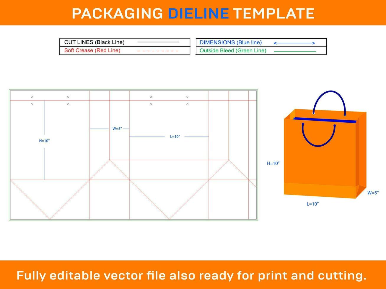 Shopping Bag Dieline Template 10x5x10 inch vector