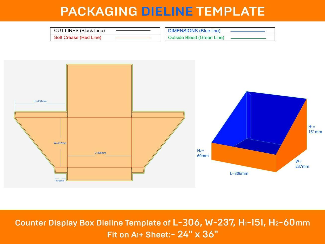 cartulina mostrador monitor caja dieline modelo para tarjetas l 306xw 237xh1 251xh2 60 mm vector