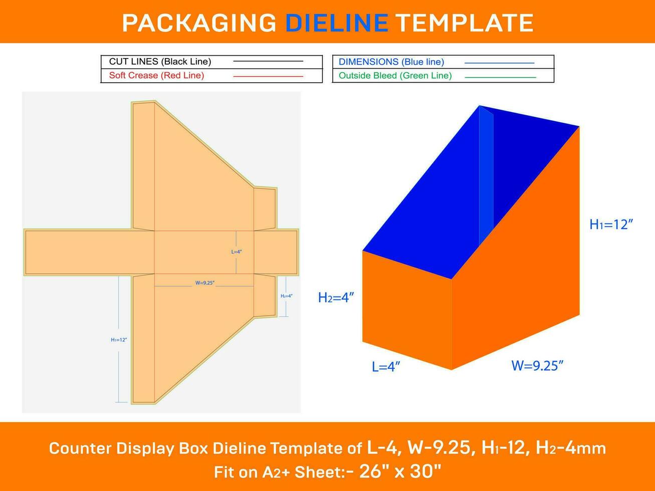Counter Display Box Delline Template for Wholesale L 4xW 9.25xH1 12xH2 4 inche vector