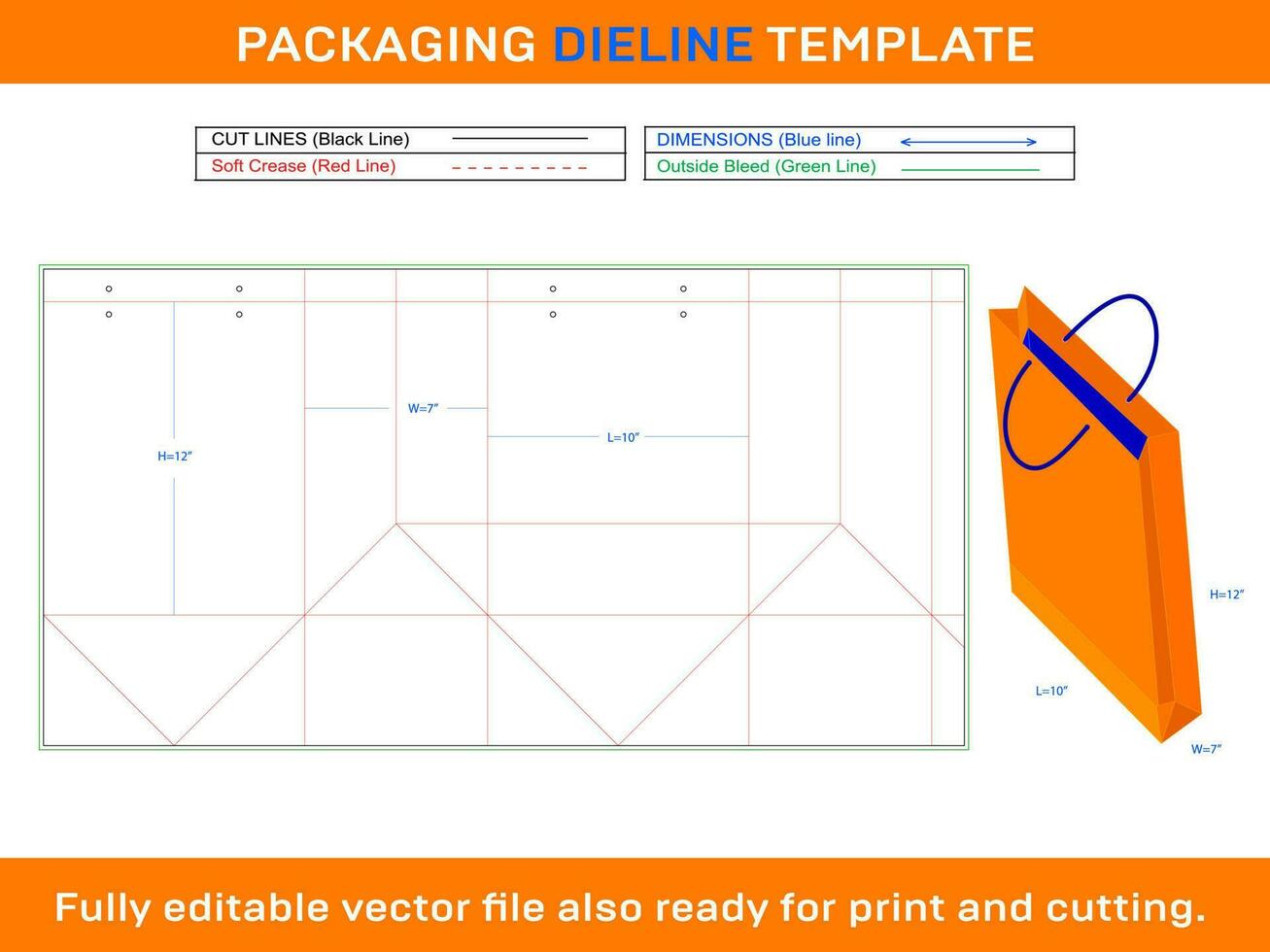 Shopping Bag 10x7x12 inch Dieline Template vector