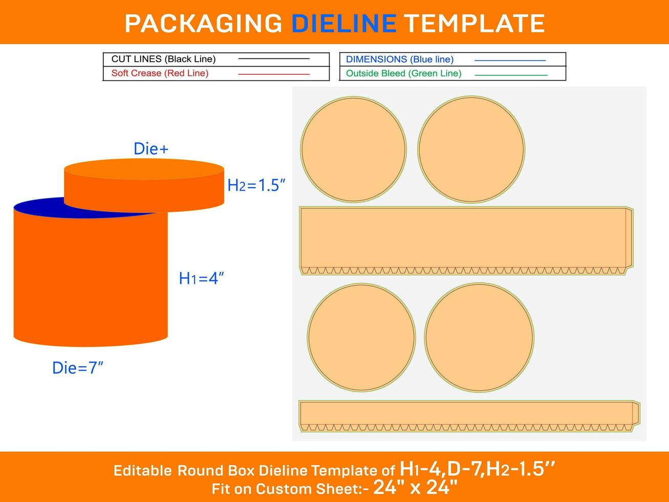 Circle hat gift box, round lid gift box dieline template with the dimension H1 4, D 7, H2 1.5 inch vector