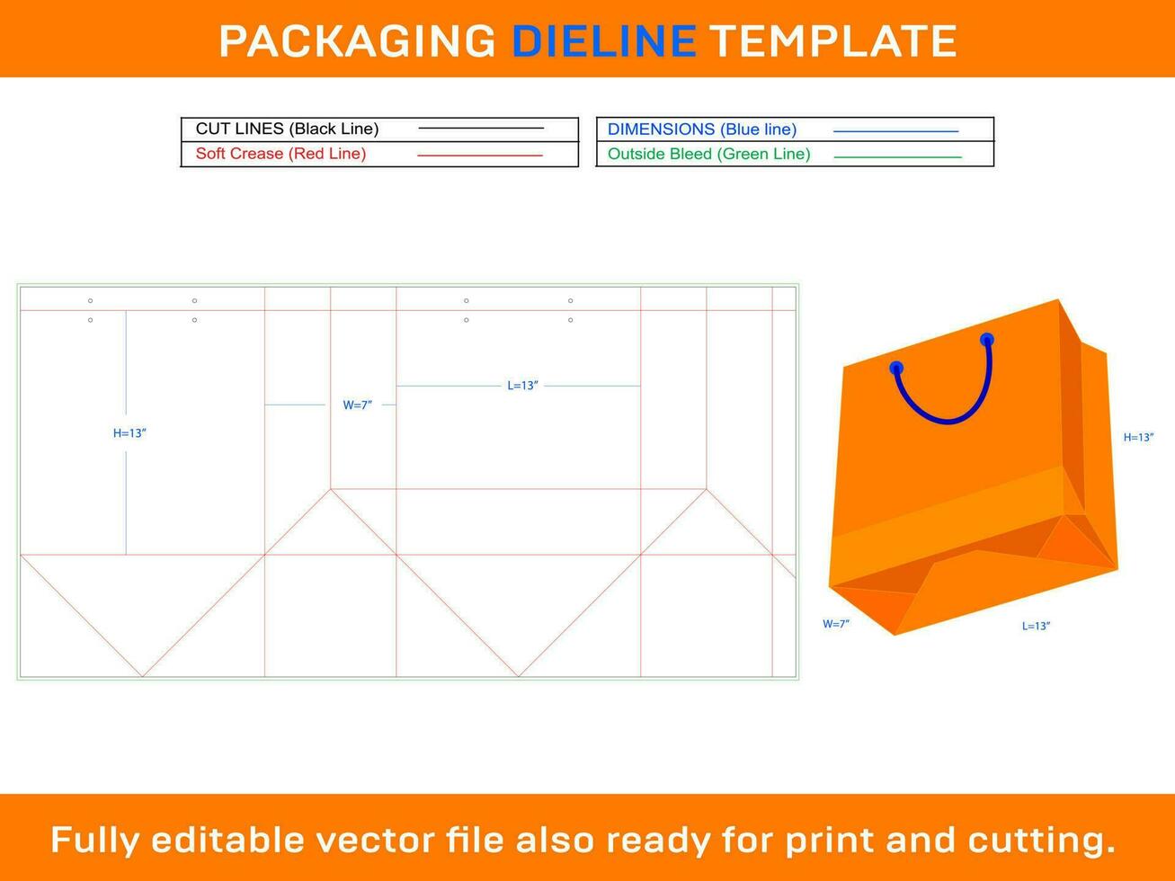 Shopping Bag 13x7x13 inch Dieline Template vector