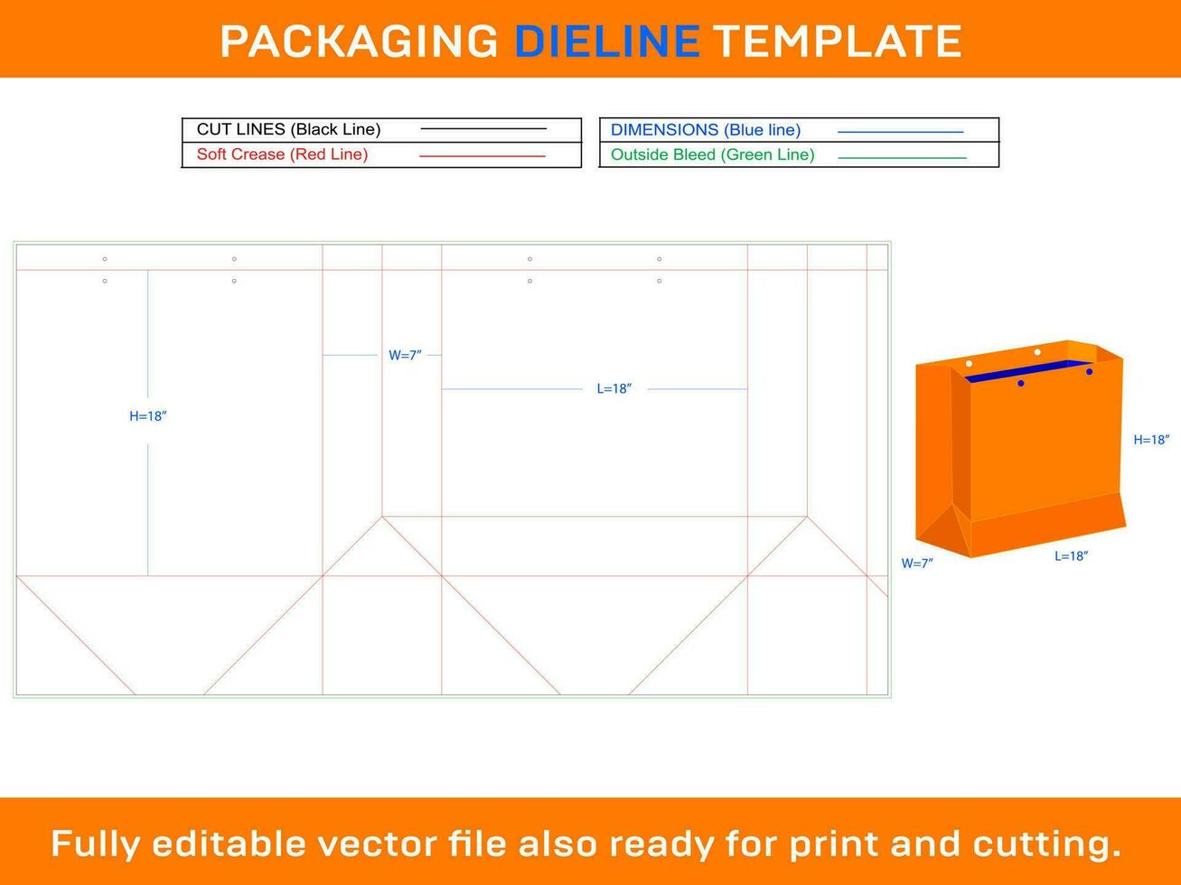 Shopping Bag 18x7x18 inch Dieline Template vector