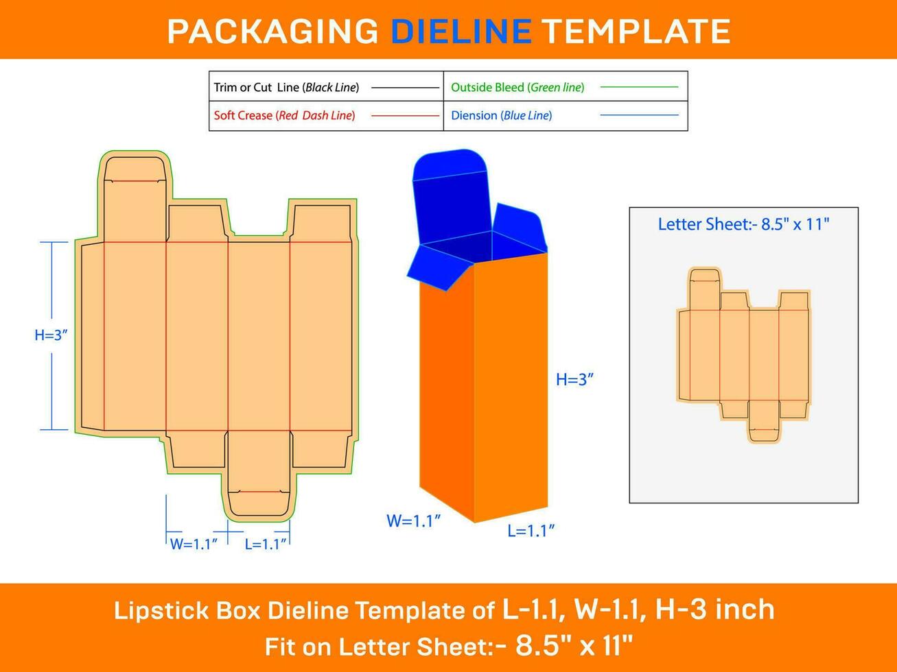 L 1.1xW 1.1xH 3 inch Rectangular Lipstick Box Deline Template vector