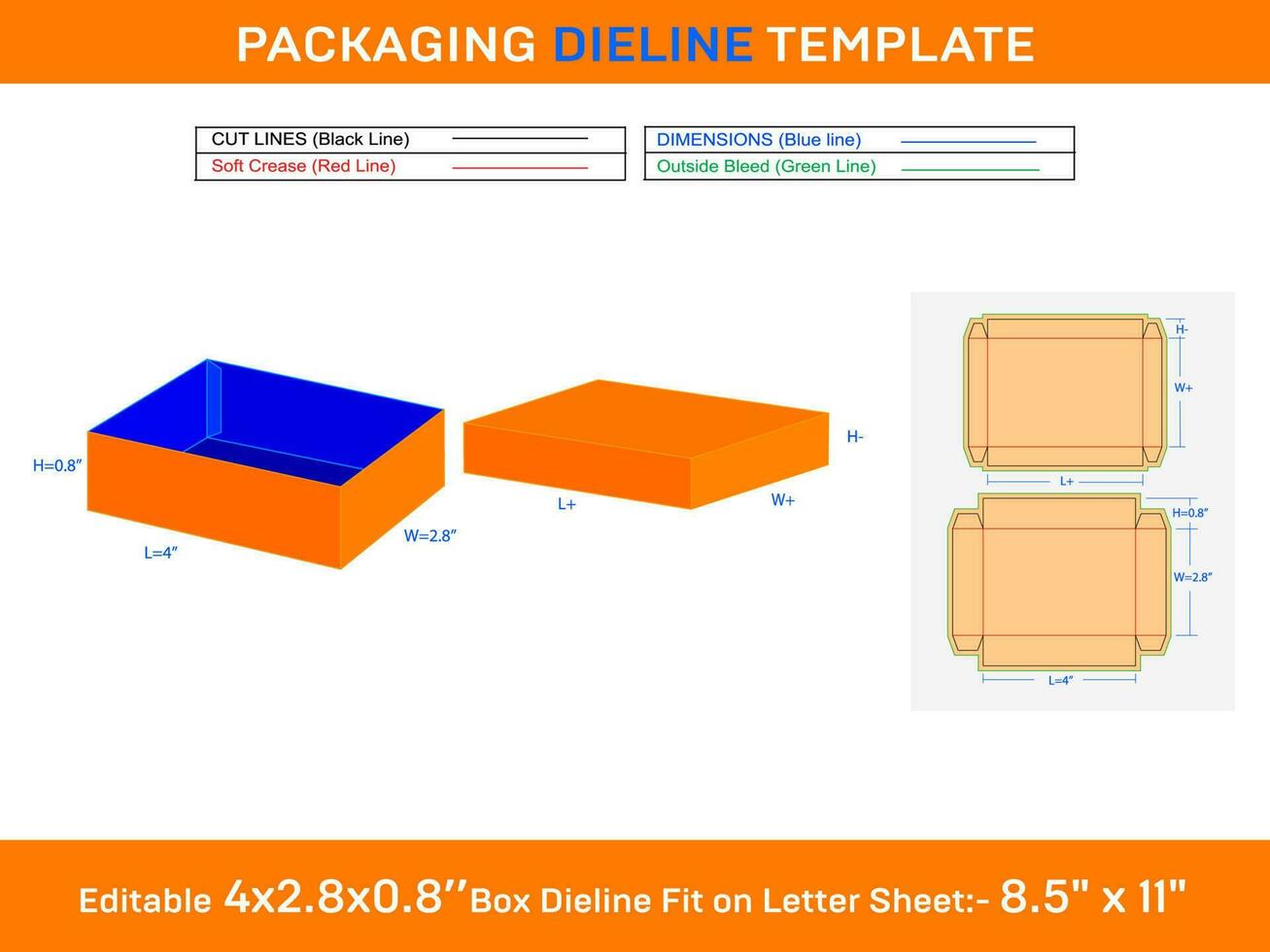 Kraft embalaje caja con tapas o regalos caja dieline modelo de 4x2.8x0.8 pulgada vector