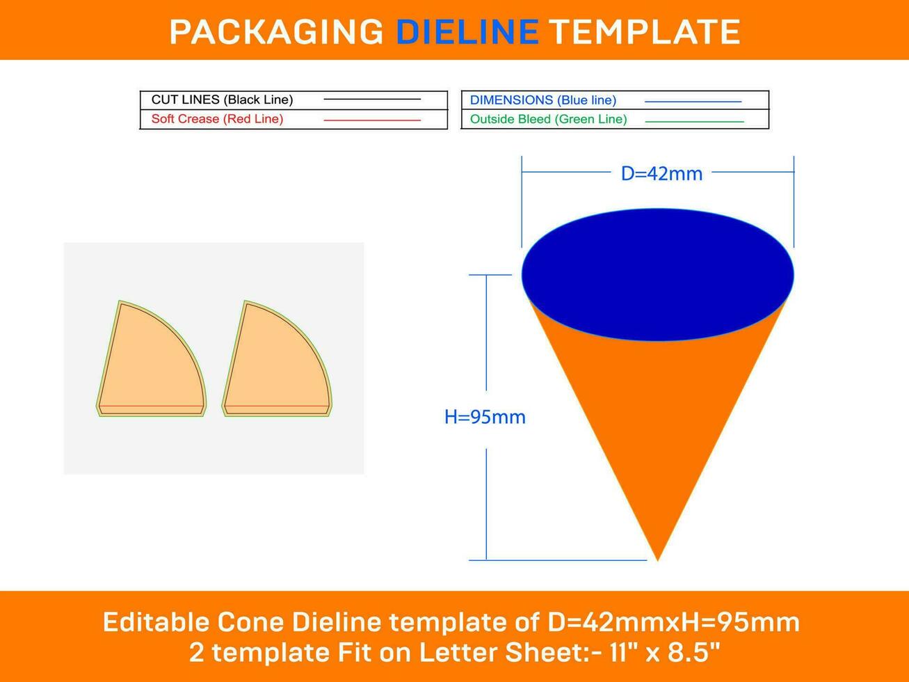 Small paper cone ice cream dieline template D 42xH 95 mm vector