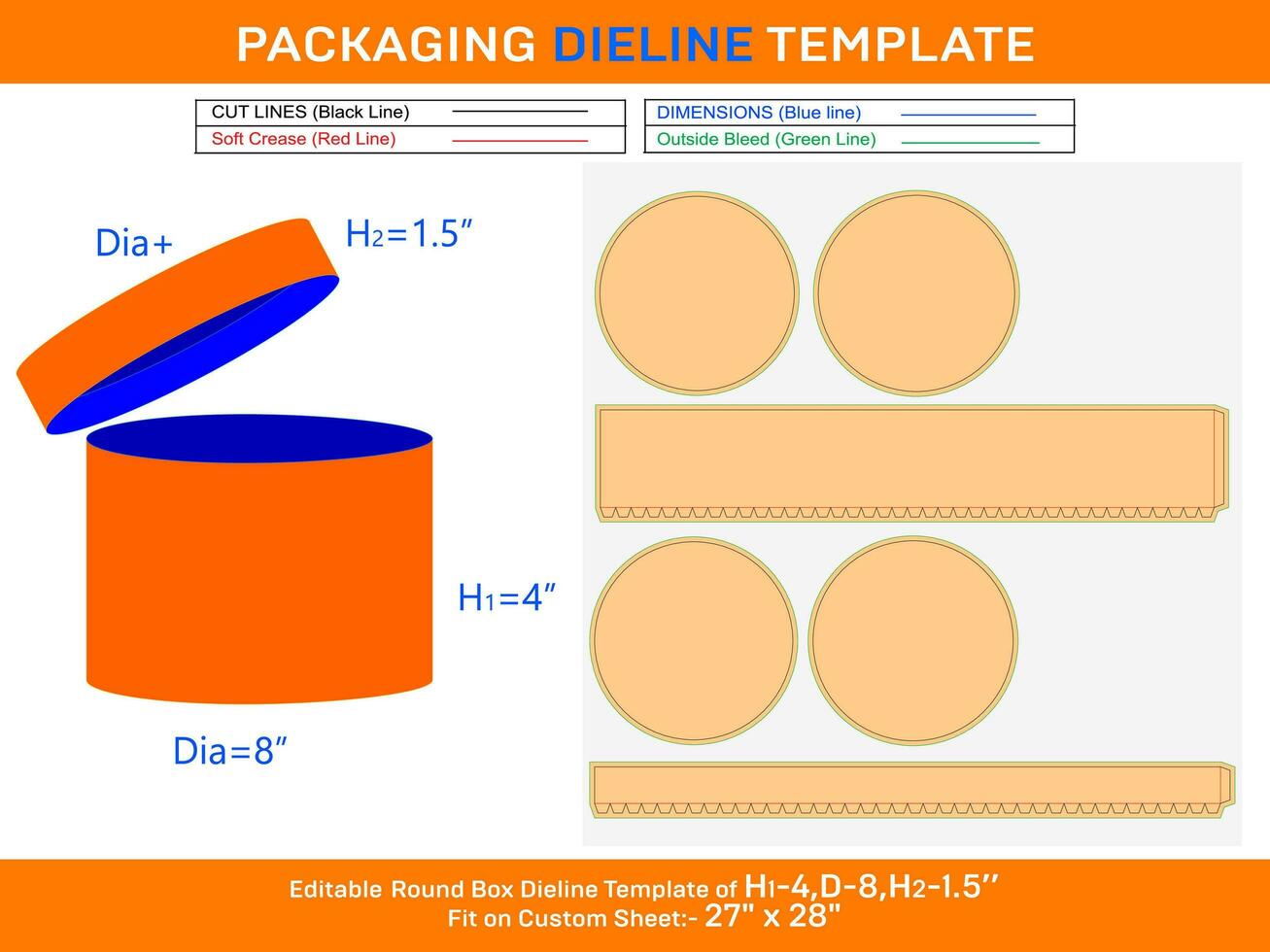 Flower gift box, round lid gift box dieline template with the dimension H1 4, D 8, H2 1.5 inch vector