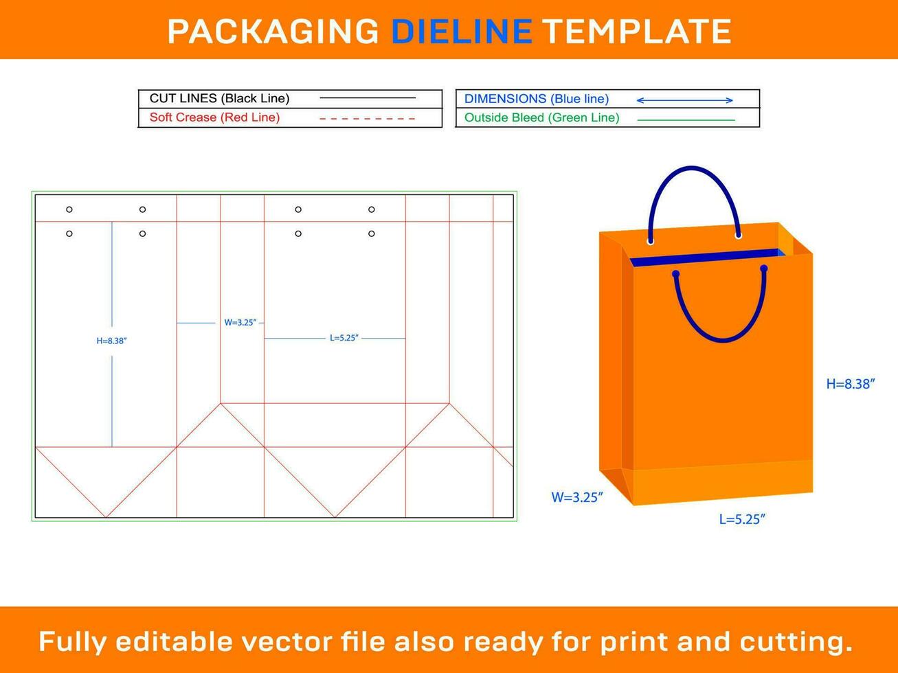 Shopping bag Dieline Template 5.25x3.25x8.38 inch vector