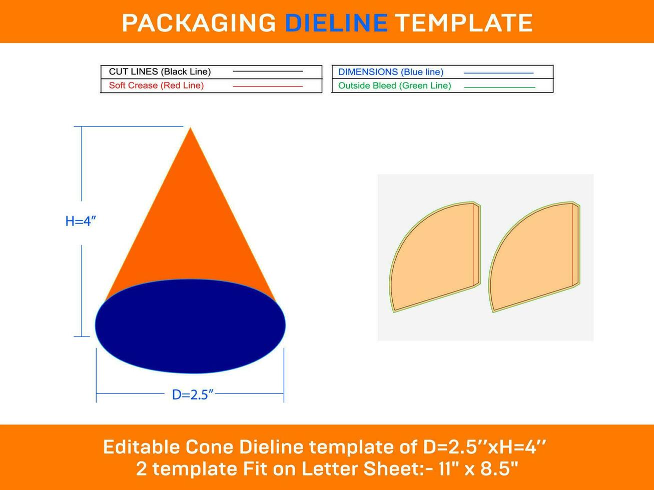 Rolled ice cream cones Large Dieline Template D0xD 2.5xH 4 inch vector