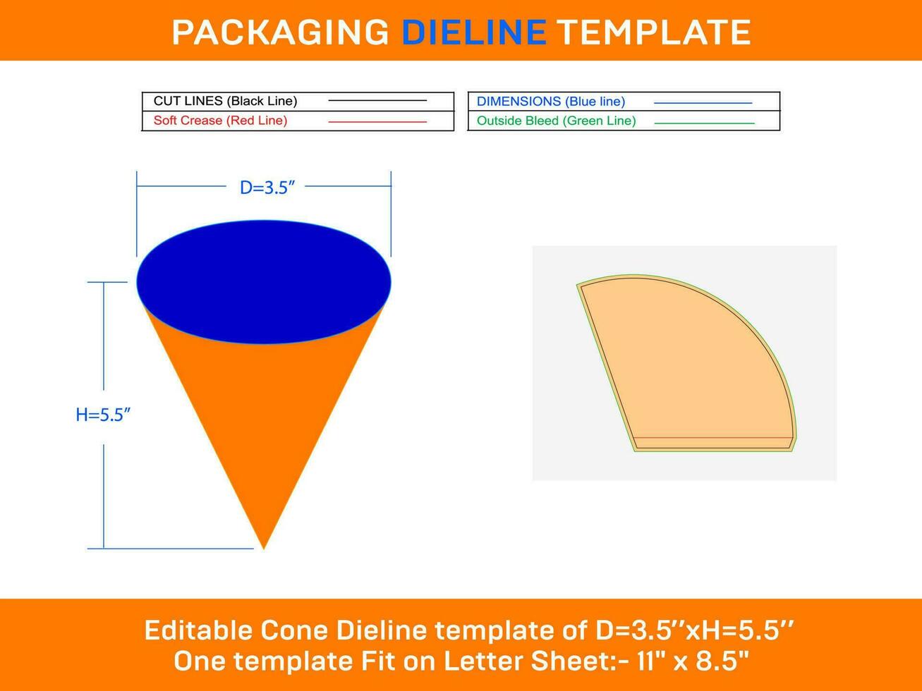 Rolled ice cream cones small D 3.5xH 5.5 inch Dieline Template vector