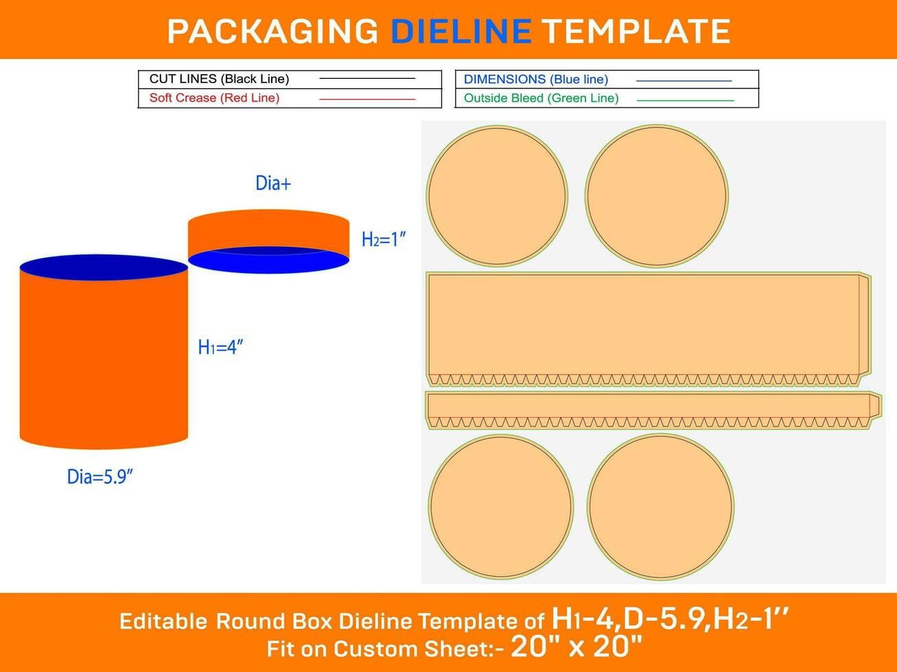 Velvet box, round lid gift box dieline template with the dimension H1 4.3, D 5.9, H2 1 Inch vector