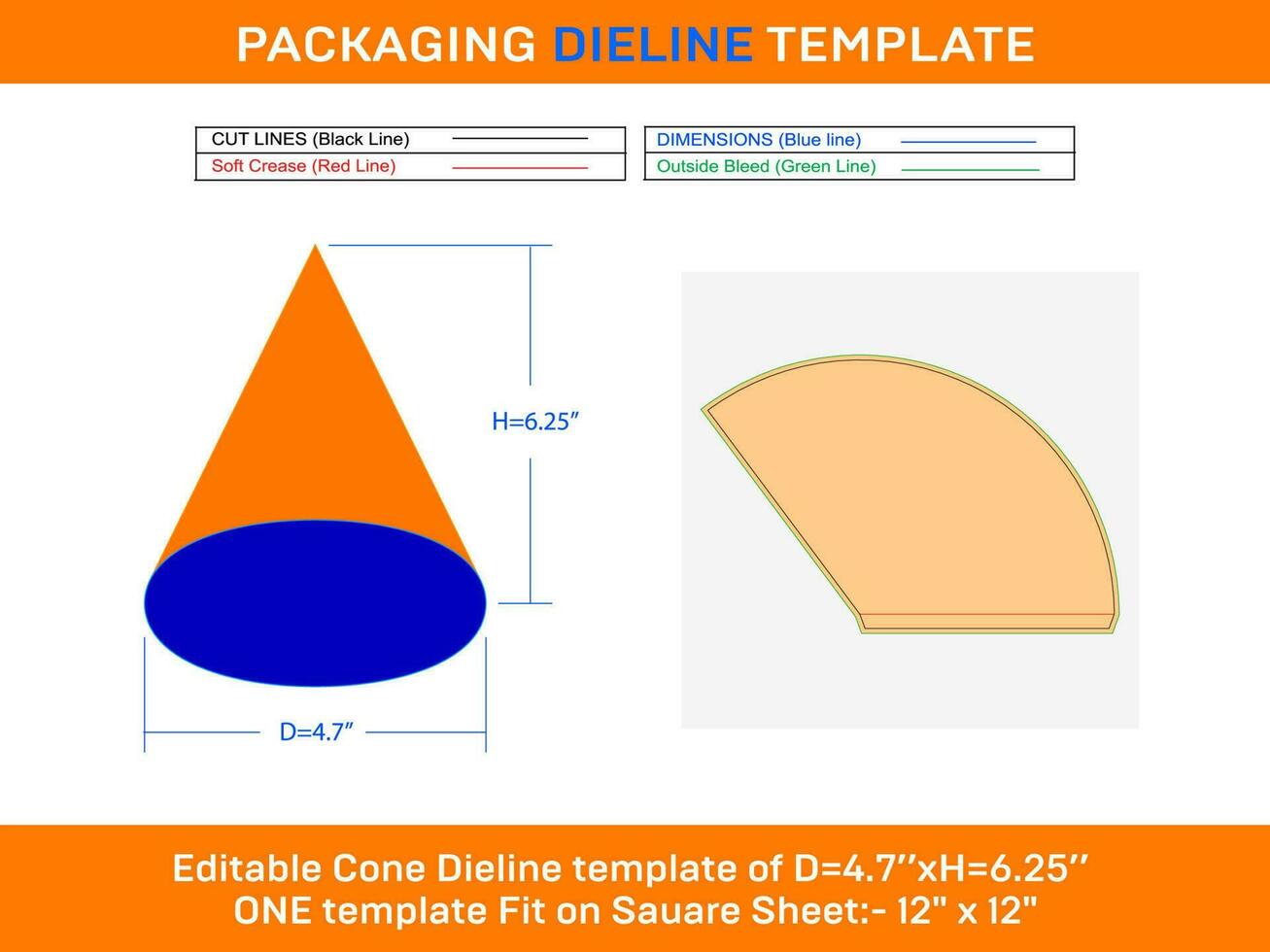 Large paper cone ice cream Dieline Template D 4.7xH 6.25 inch vector