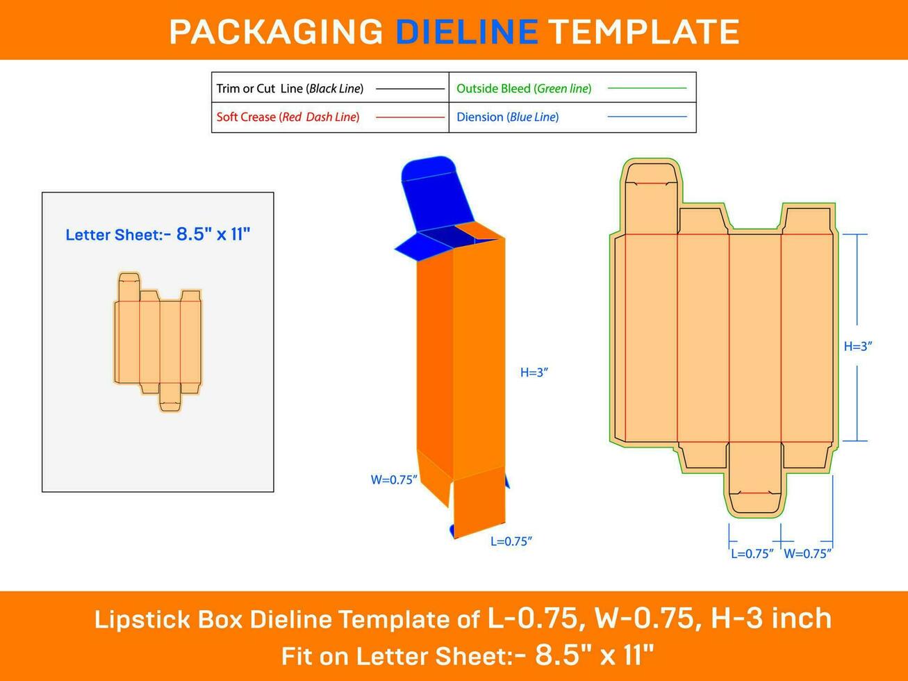 Custom Lipstick Box Dieline Template L 0.75xW 0.75xH 3 inch vector