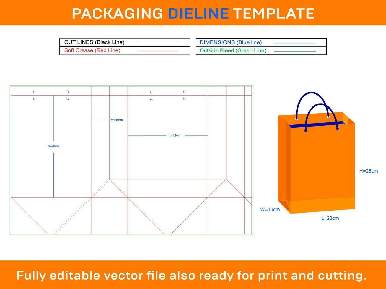 Custom Paper Shopping Bag  22x10x28 cm Dieline Template vector