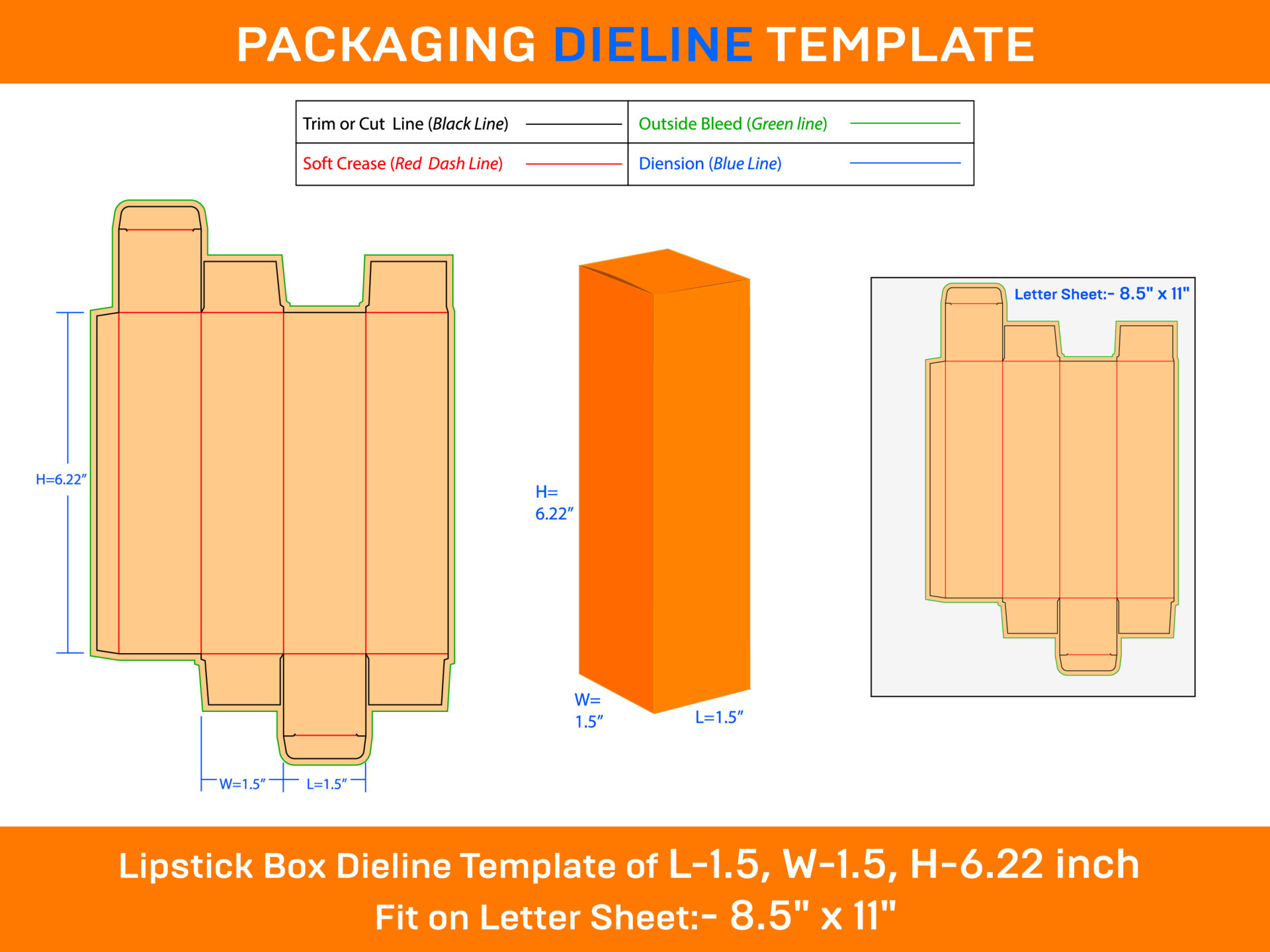 Gift box for lipstick L 1.5xW 1.5xH 6.22 inch Dieline Template 24552206