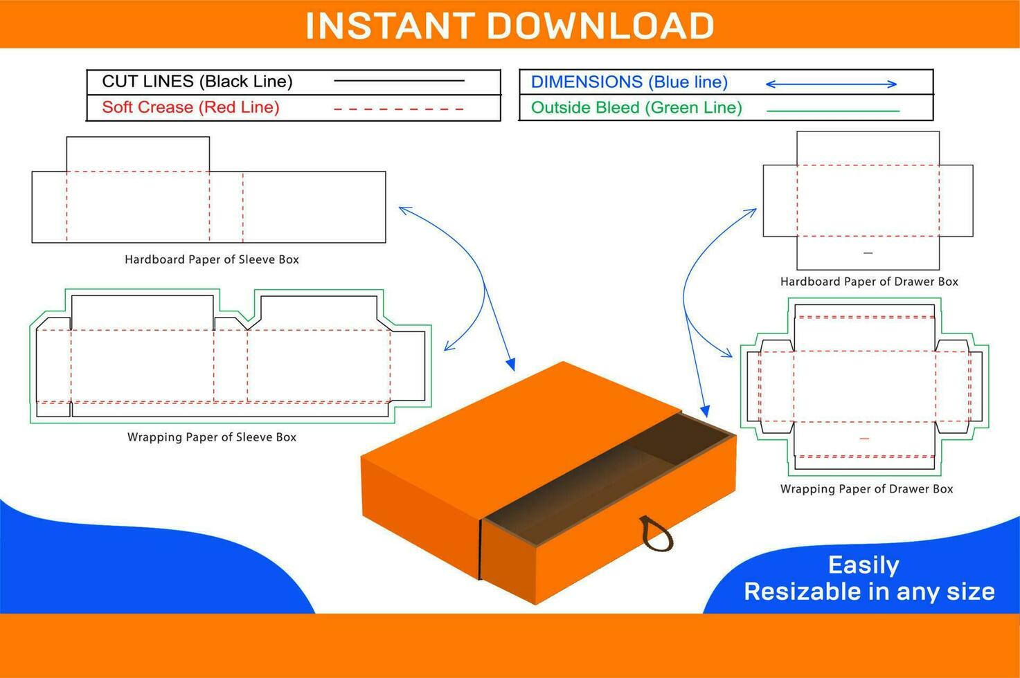 Sleeve drawer box dieline template and 3D box design coloe changeable and editable Box dieline vector