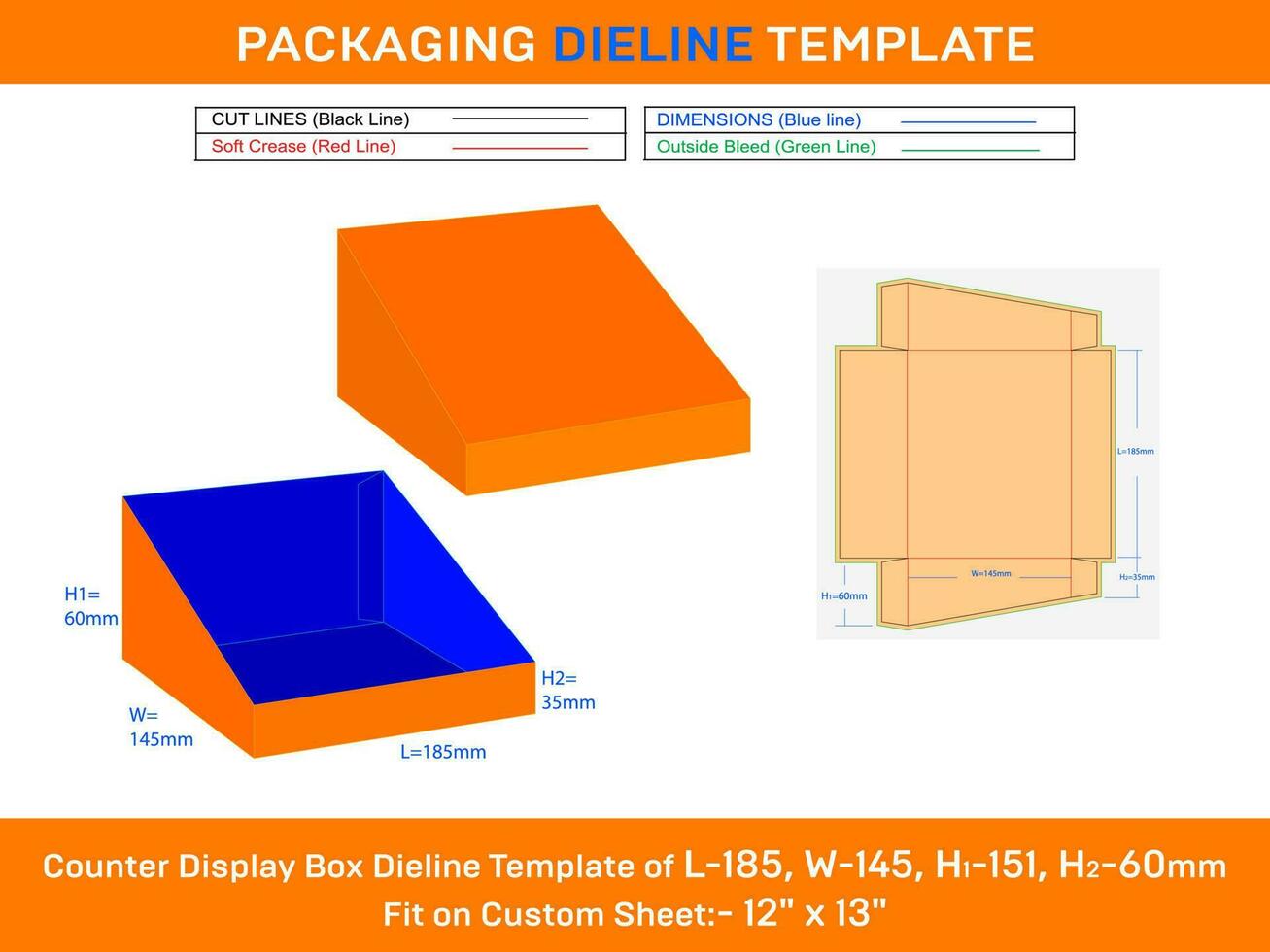 Cardboard counter display box dieline template for cosmetics L 185xW 145xH1 60xH2 35mm vector