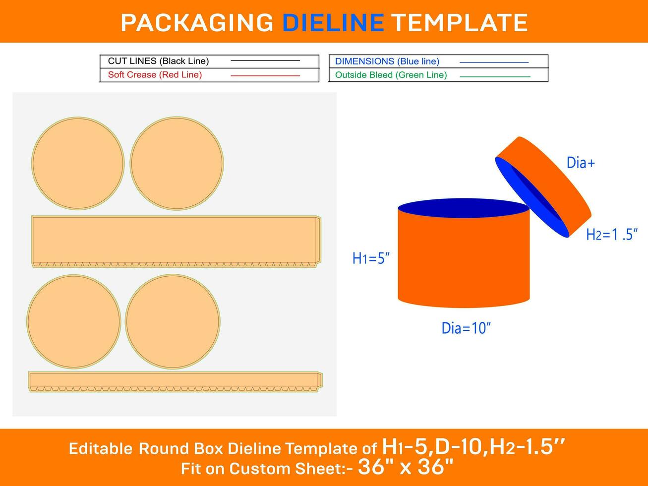 Ice cream box, round lid box dieline template with the dimension H1 5, D 10, H2 1.5 inch vector