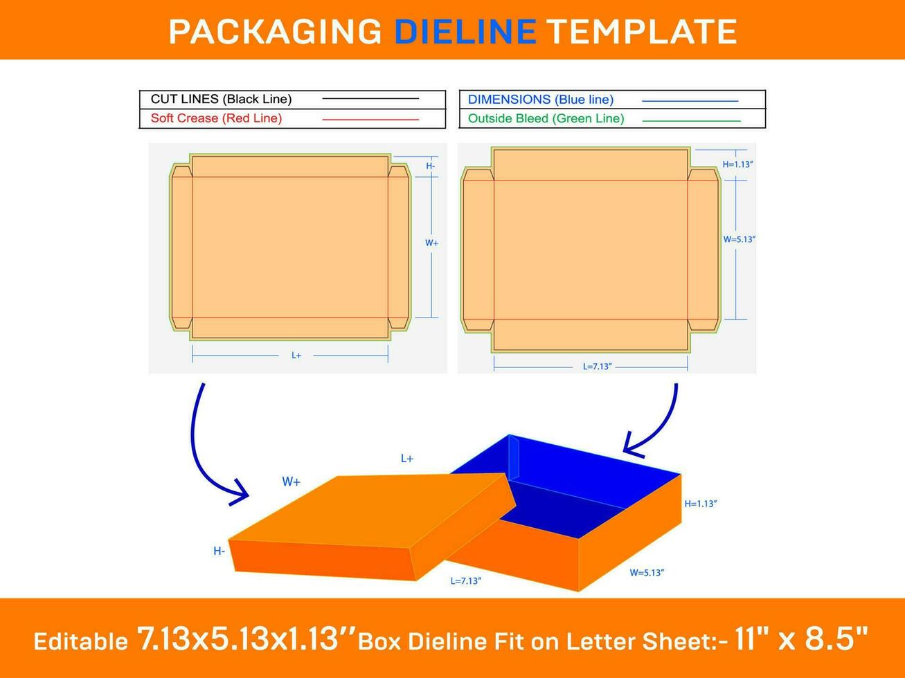 Box With Slide Lid 7.13x5.13x1.13 Inchi Box Dieline Template vector