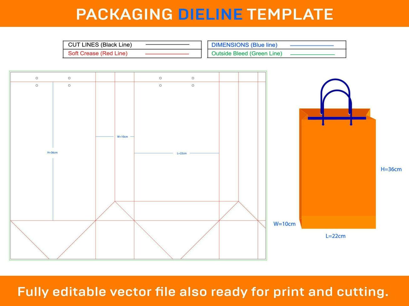 Bag 22x10x36 cm Shopping Bag dieline Template vector