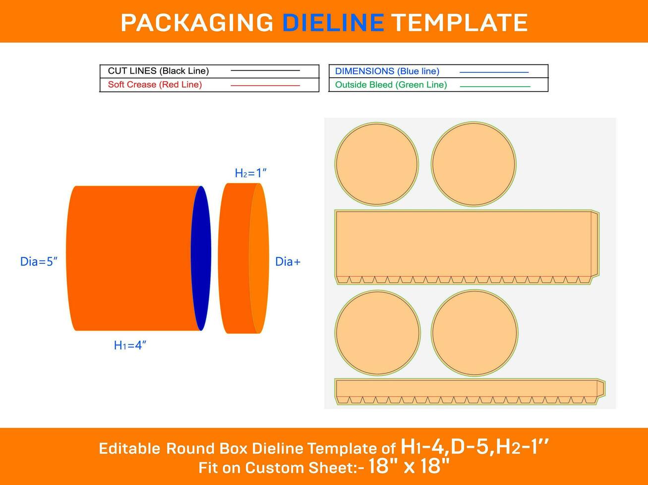 Cream box, round lid box dieline template with the dimension H1 4, D 5, H2 1 inch vector