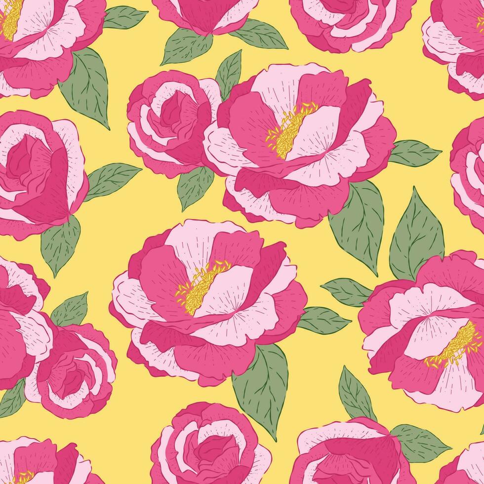 Seamless pattern Pink rose flower with folk art on yellow background vector