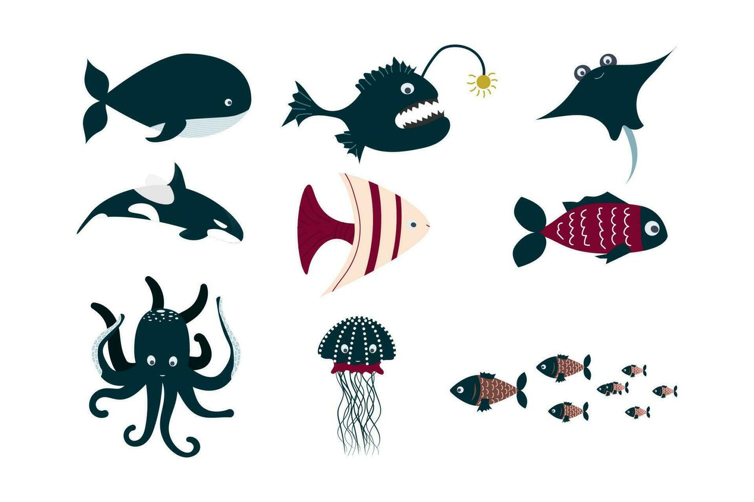 set of artoon sea animals. Cute ocean fish, octopus, shark and turtle, jellyfish, crab and seal. Underwater wildlife creatures vector illustration