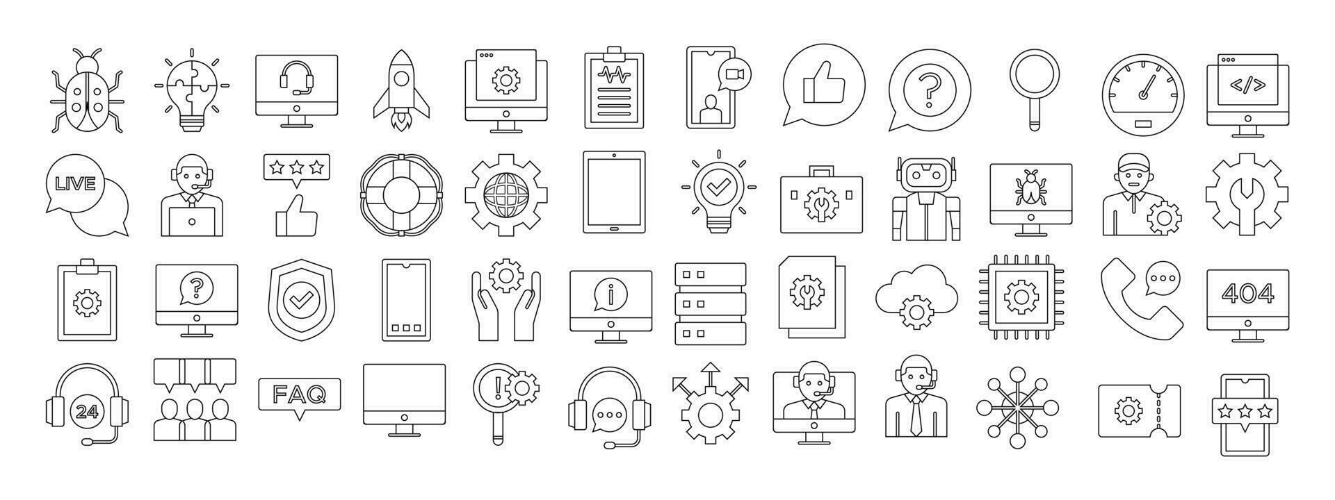 Tech support doodles set. Modern outline elements line icons, graphic design concepts, simple symbols collection. Vector line icons